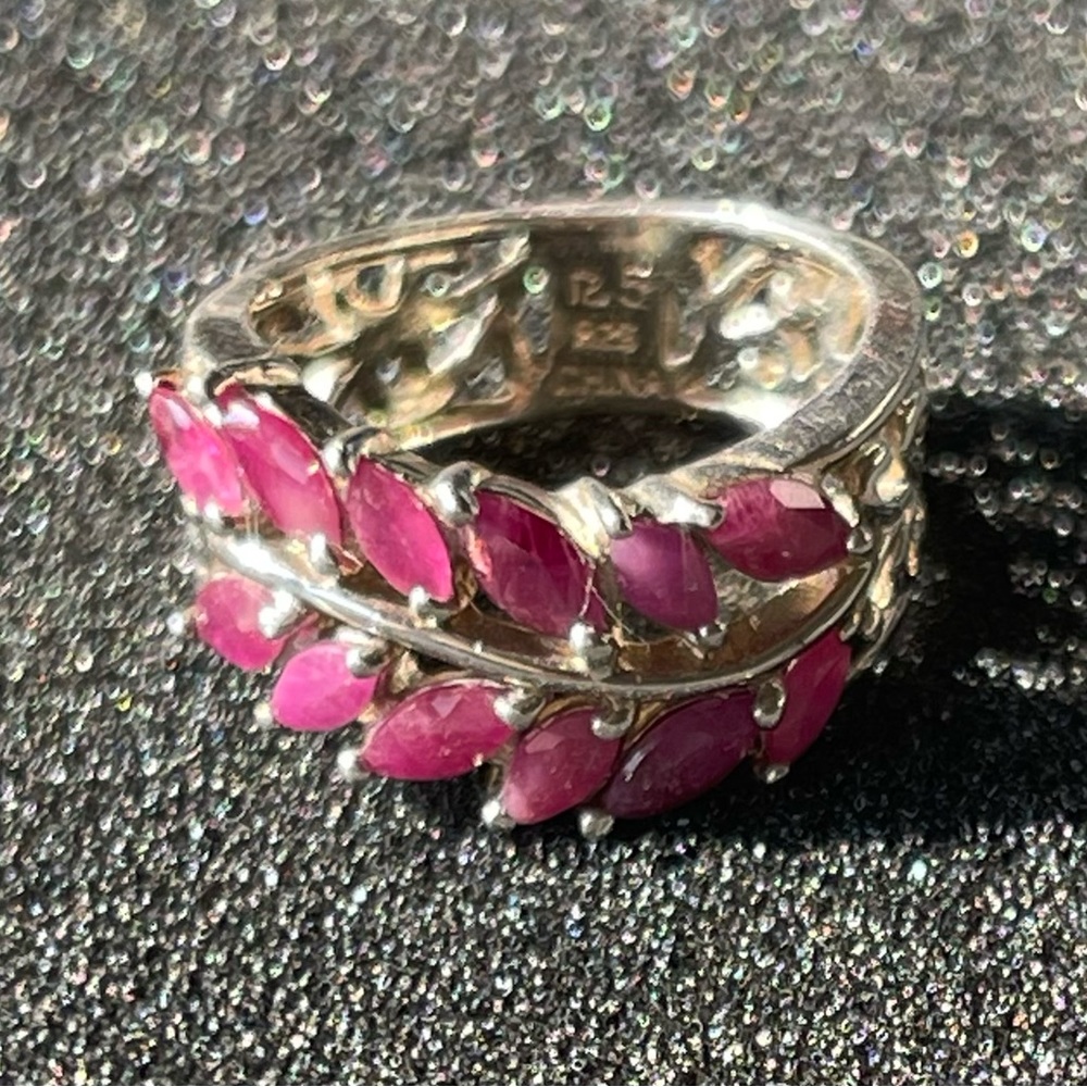 Pink Spinel sterling silver ring with Marquis shaped leaf pattern gemstones